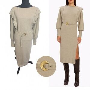 Nicholas 100% Wool Ruffle Shoulder Belted Sweater Midi Dress – Size L